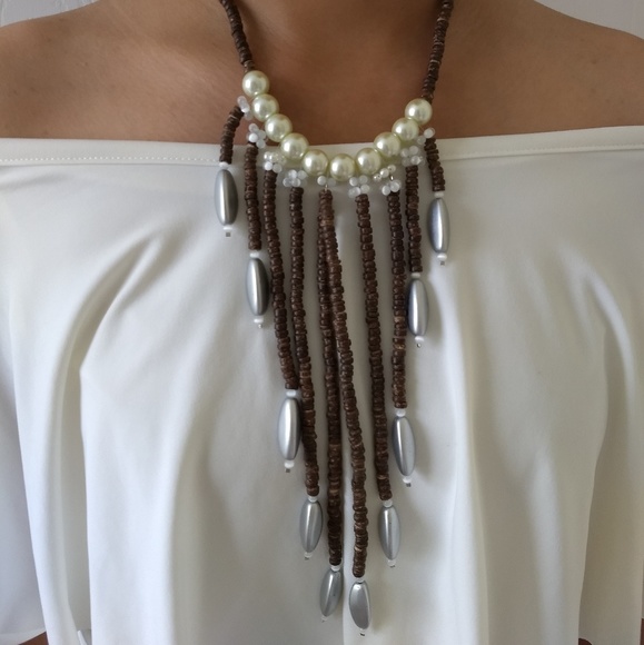 Handmade Pearl Wooden Natural Statement Necklace - Picture 1 of 4